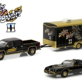 GREENLIGHT PONTIAC TRANS AM 1980 + CHEVROLET SILVERADO 2015 + ENCLOSED CAR HAULER 1/64