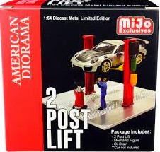 AMERICAN DIORAMA - 2 POST LIFT (RED)+ FIGURE + OIL DRAIN  1/64  AD-38375